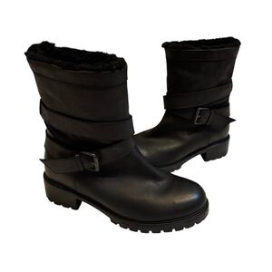 Ross & Snow Black Leather Shearling Lined Moto Boots - Made in Italy Size 8